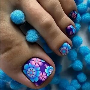 Blue/Pink Flower Power Themed Fake Press On Toe Nails NWT